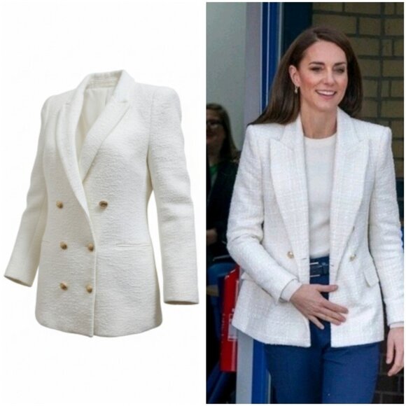 ZARA White Bouclé Double Breasted Blazer Gold Buttons Textured Jacket Women’s S - Picture 1 of 16